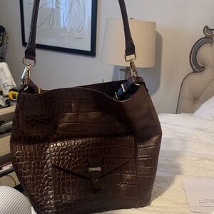 Massimo Dutti Dark Brown Croc-Embossed Shoulder Bag